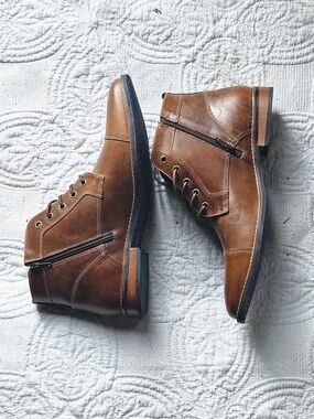 KREW 247 Cognac Leather Boots Men’s 9.5 Cap Toe Lace-Up Side Zip Dress Casual